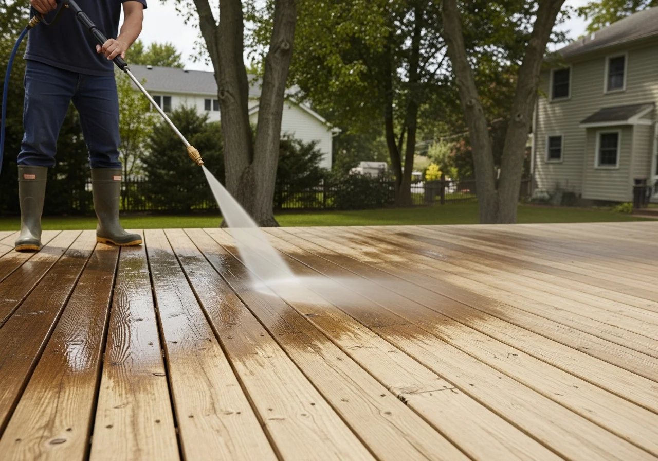Professional technician pressure washing a wooden deck