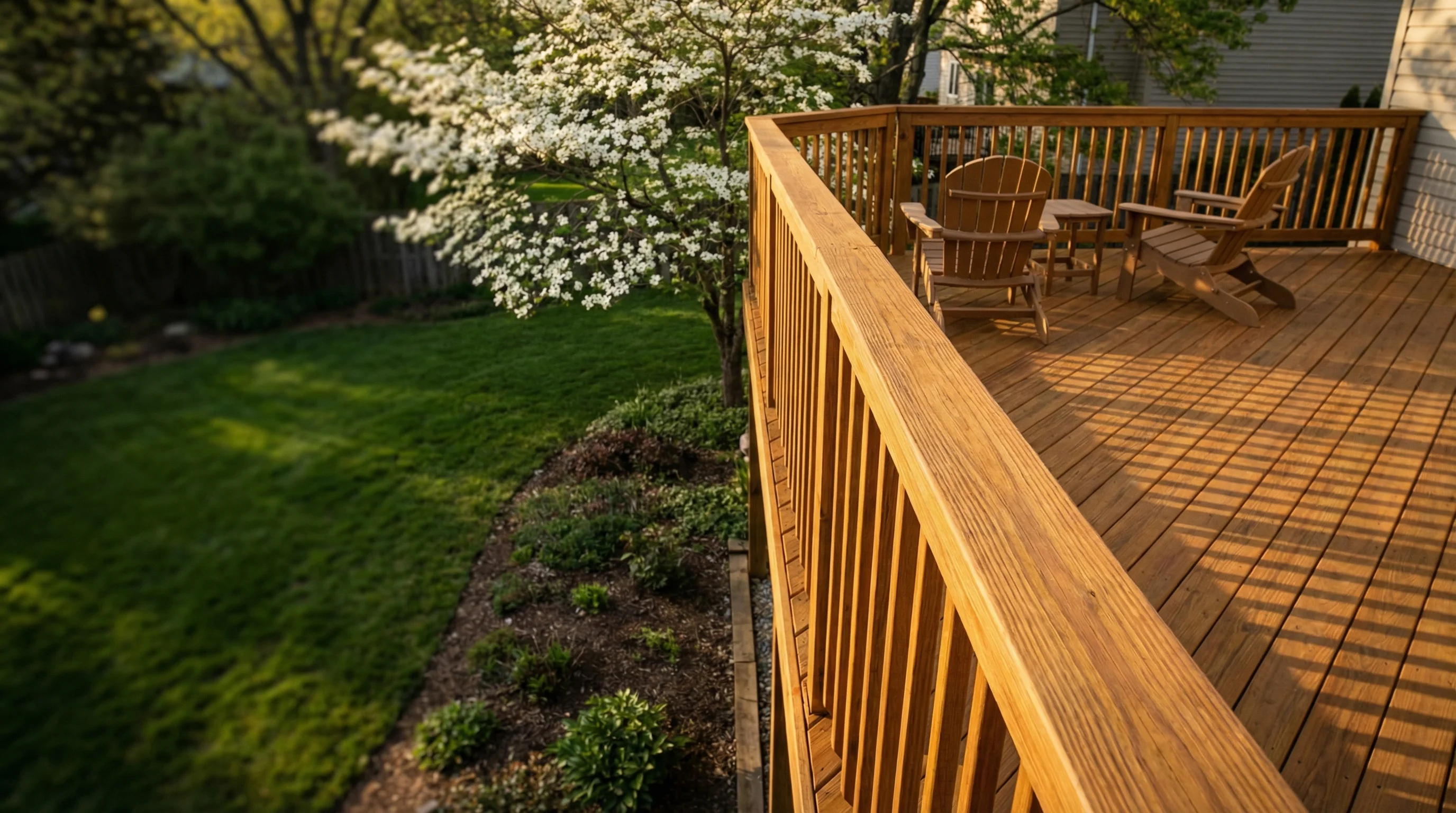 Restored natural wood deck at a split-level home on a warm spring evening