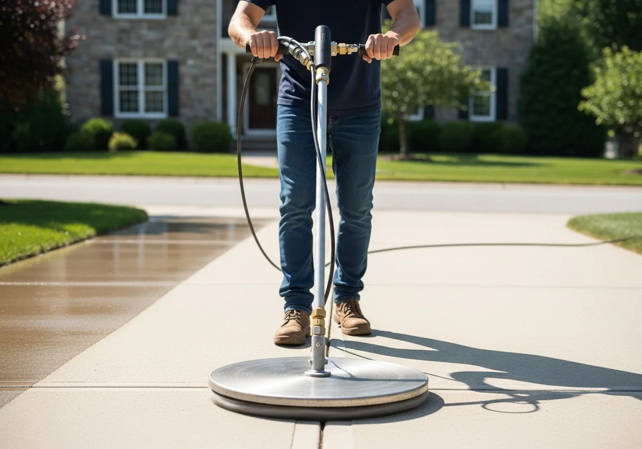 Professional technician using surface cleaner on a concrete driveway