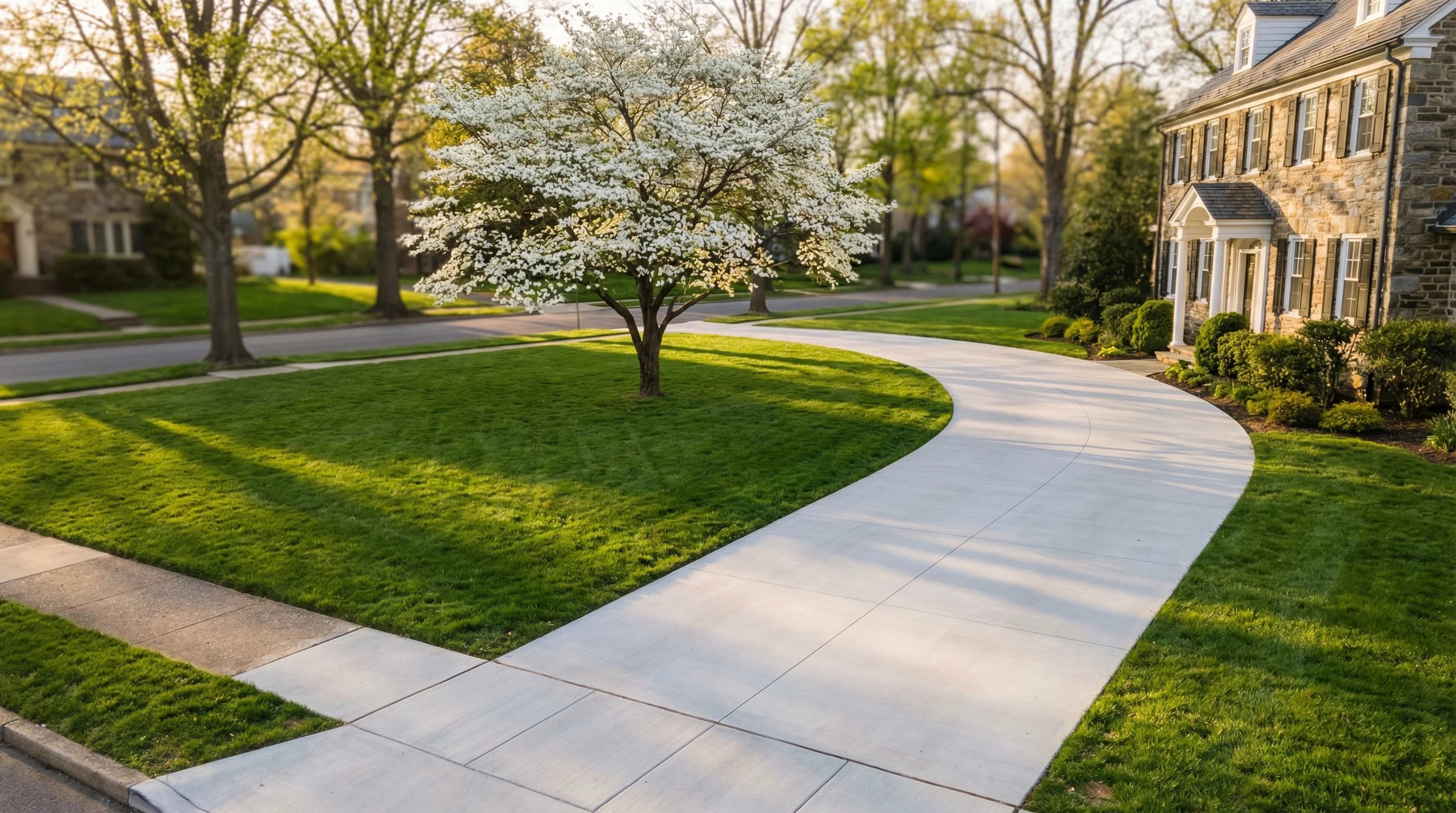 Clean concrete driveway leading to a colonial home with blooming dogwood trees