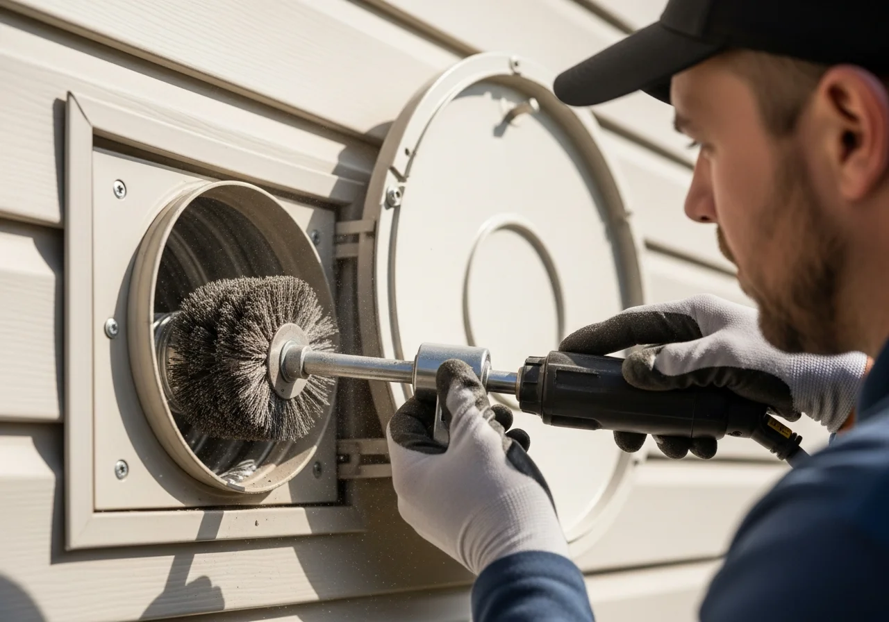 Professional technician cleaning a dryer vent with specialized brush tool