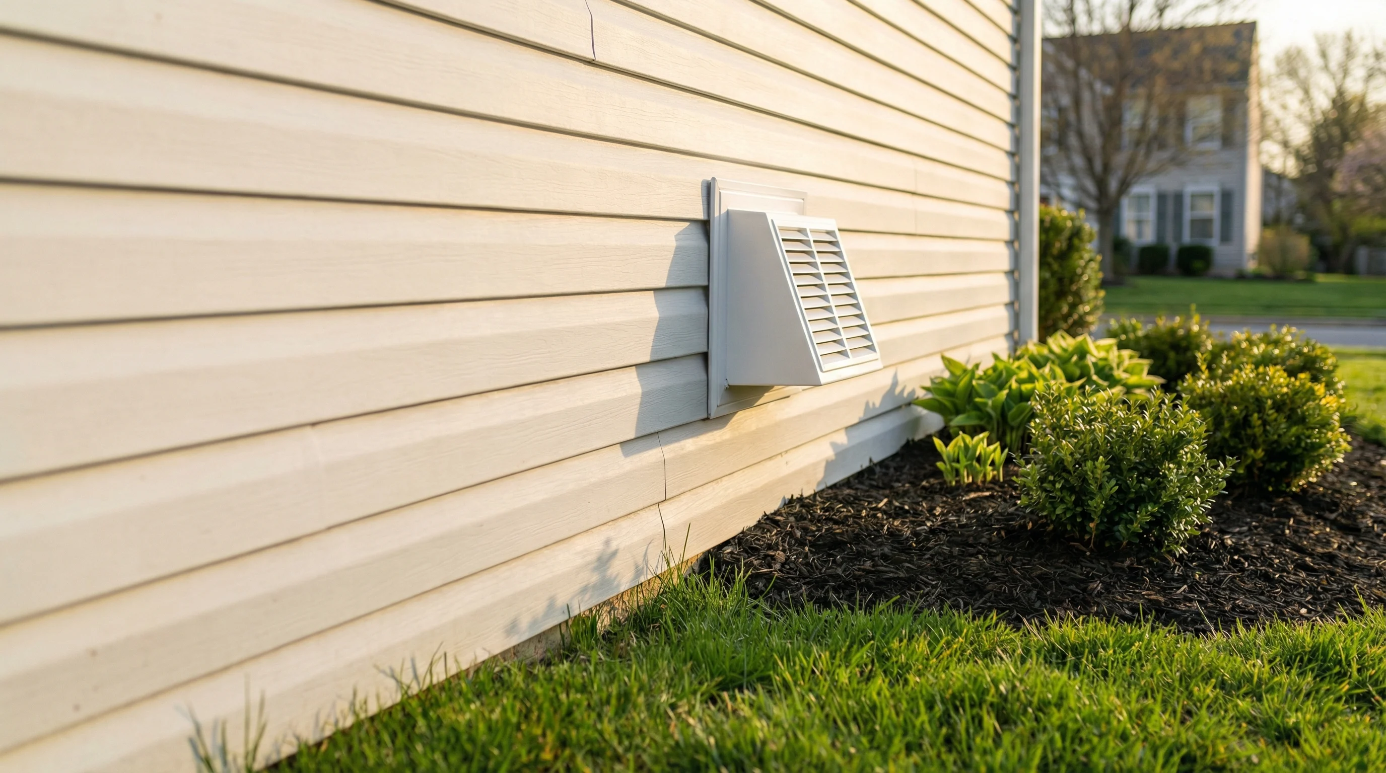 Clean exterior dryer vent on the side of a well-maintained colonial home