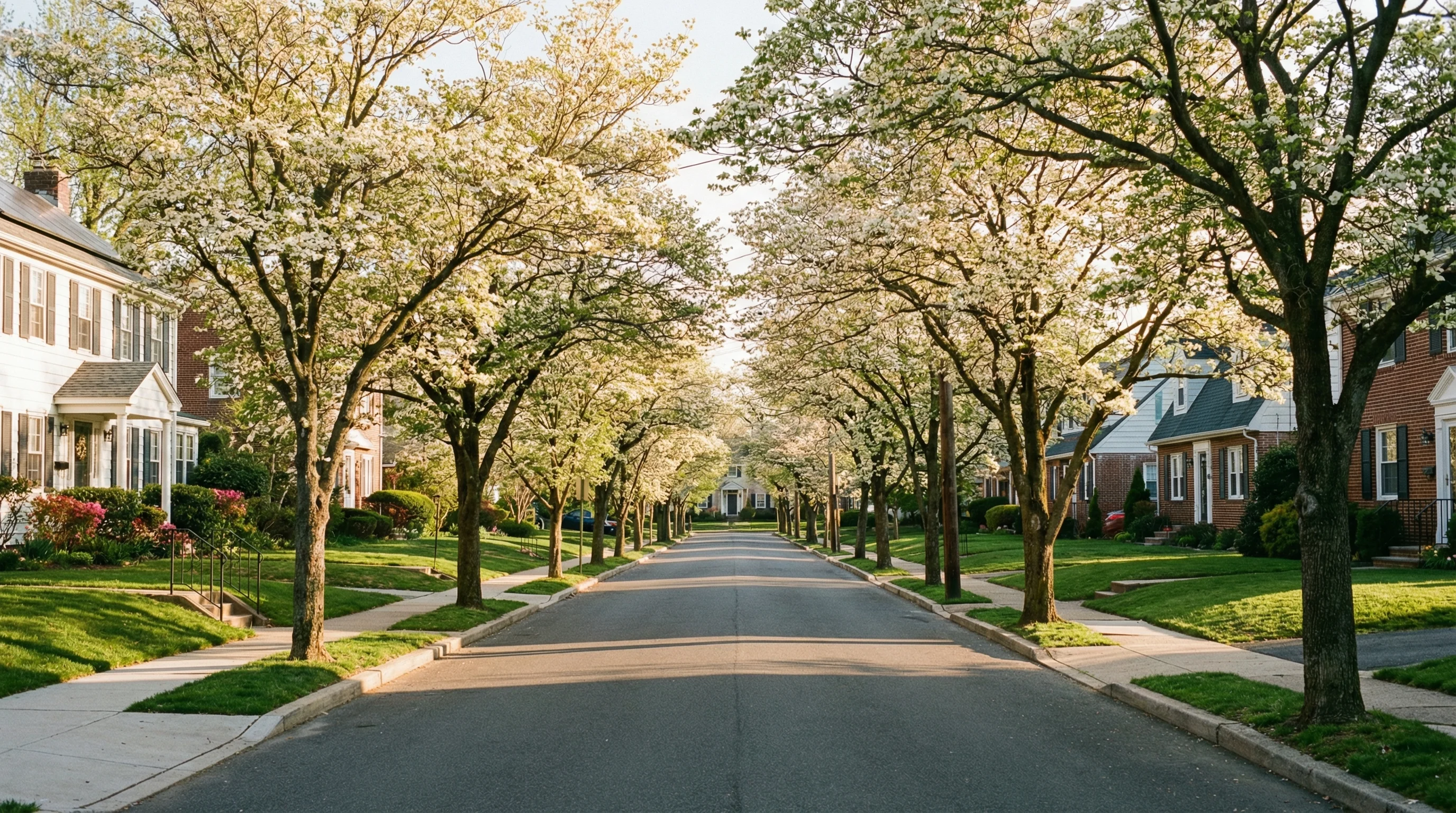 Tree-lined residential street with well-maintained homes in the Philadelphia suburbs
