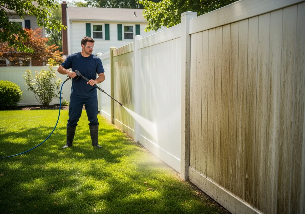 Professional technician power washing a fence showing clean and dirty contrast