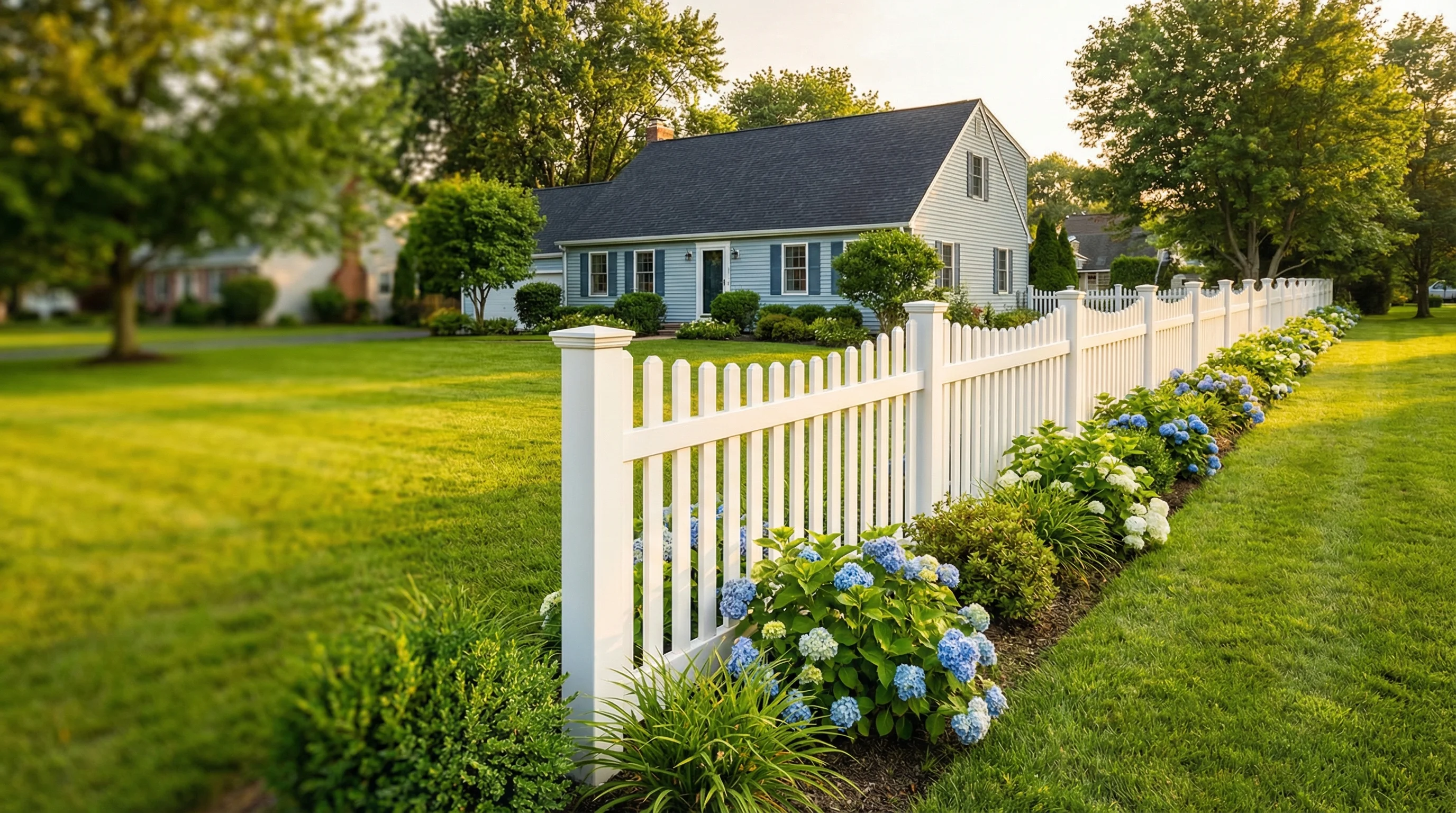 White vinyl fence along a well-maintained suburban Philadelphia property in summer