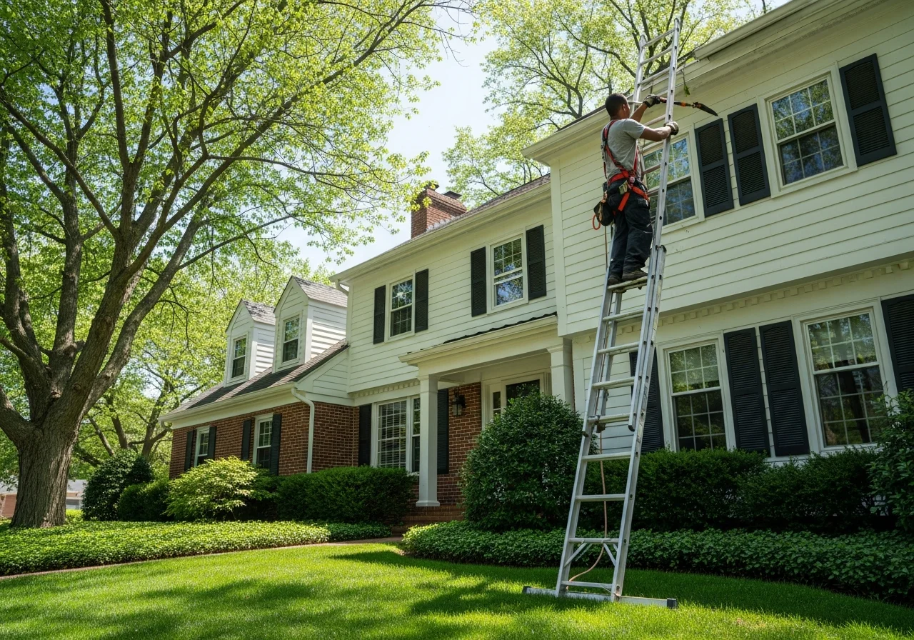 Professional technician on a ladder performing gutter cleaning on a Philadelphia suburbs home