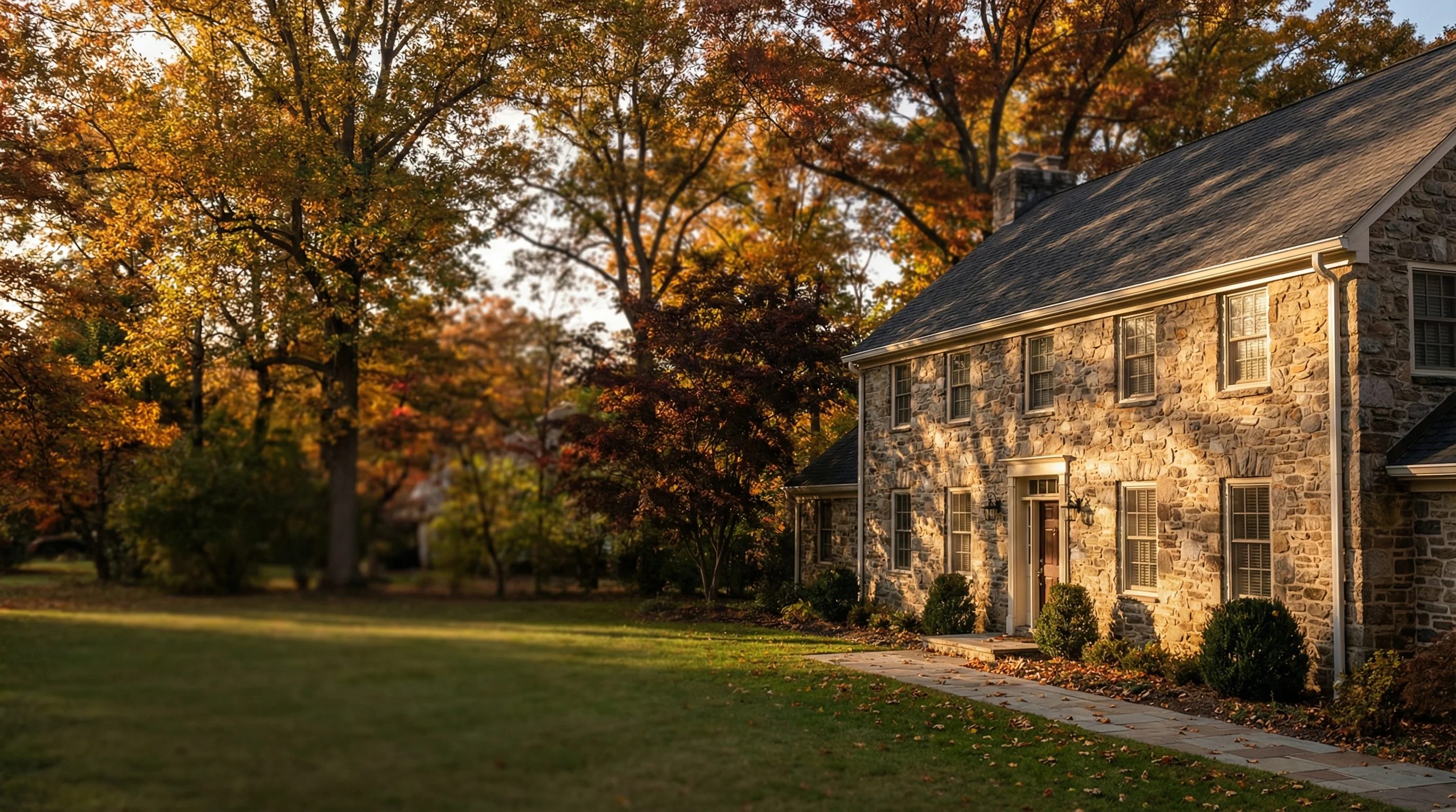 Stone colonial home with clean gutters and golden autumn foliage in the Philadelphia suburbs