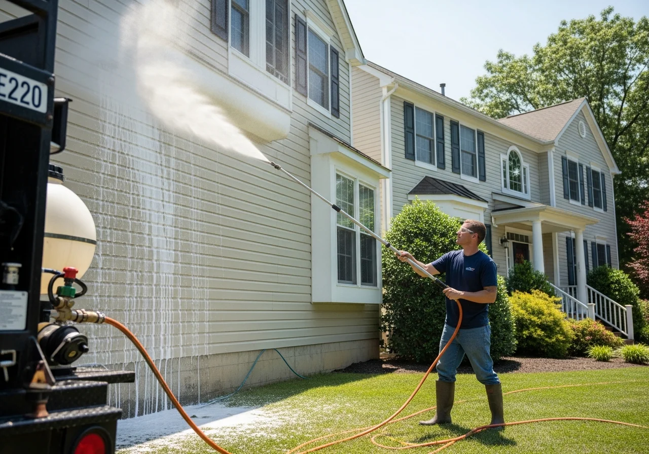 Professional technician using soft wash spray on colonial home siding