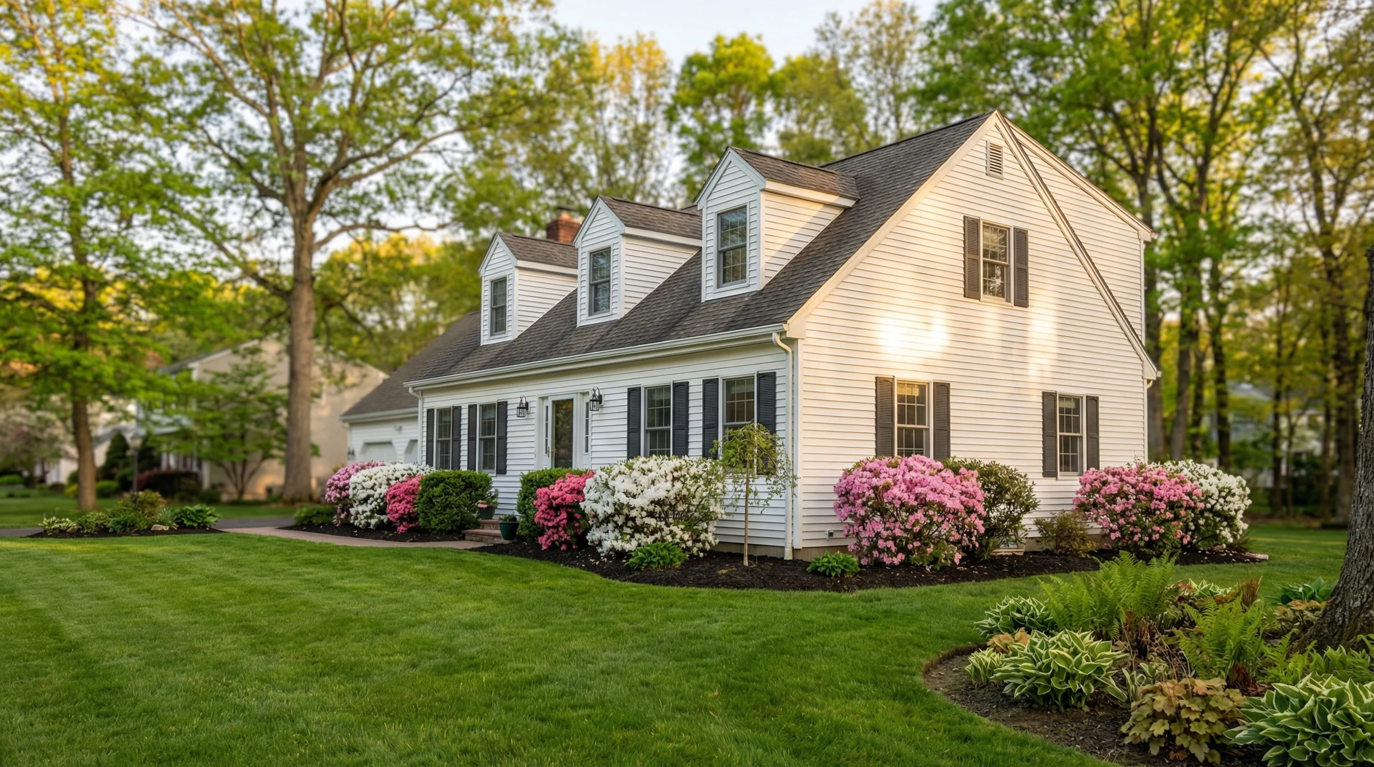Cape Cod home with pristine white siding after professional washing on a spring afternoon
