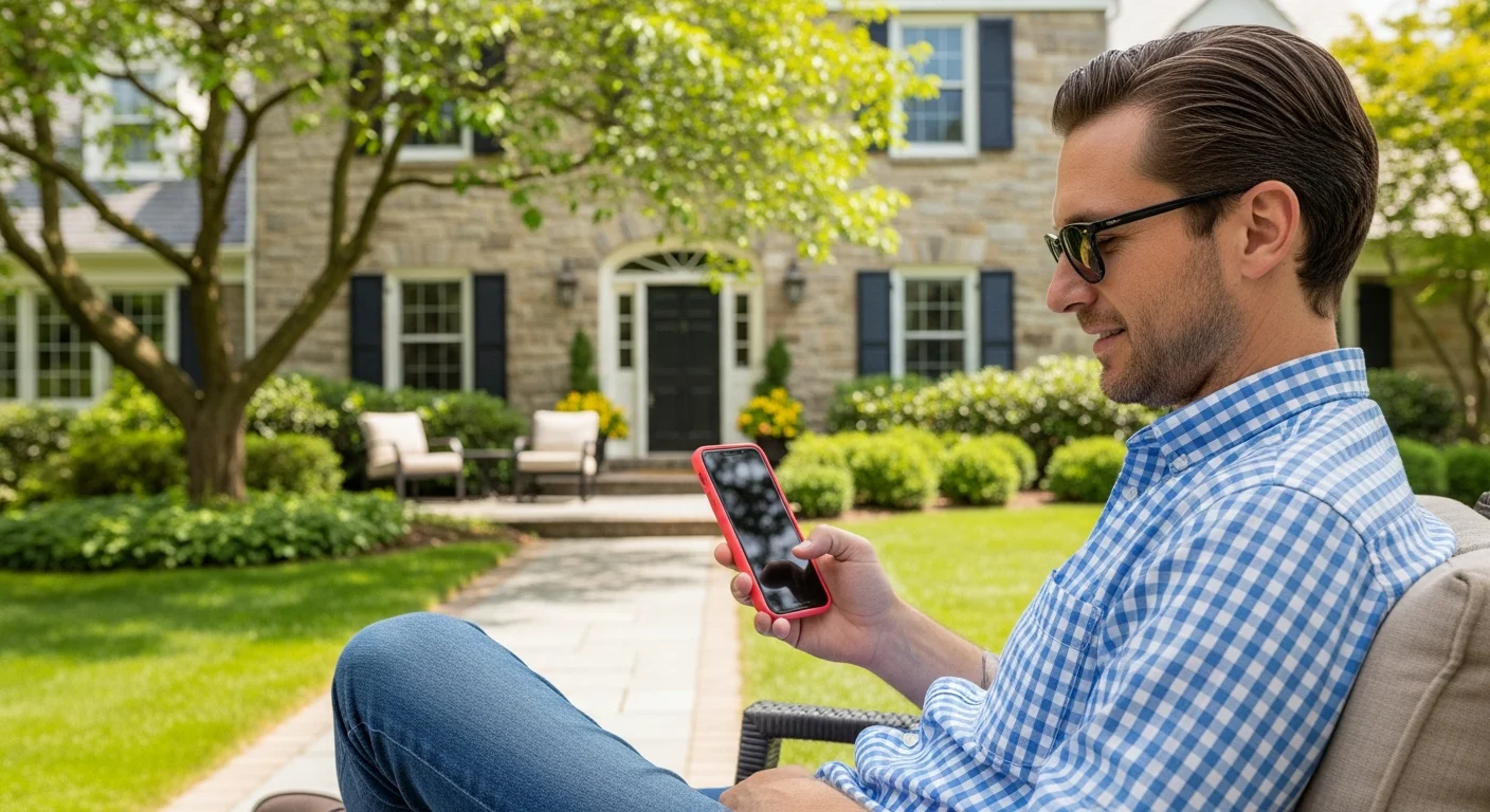 Homeowner on patio using phone to get an instant exterior cleaning quote