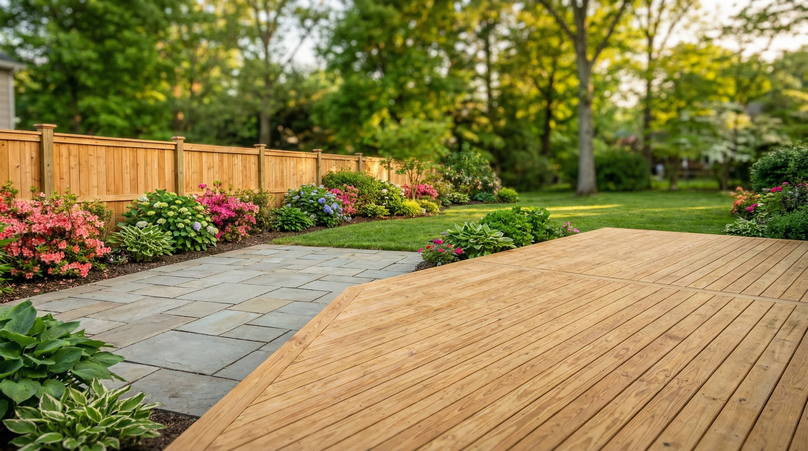 Restored backyard living space with a clean wooden deck, freshly cleaned fence, and pristine patio pavers