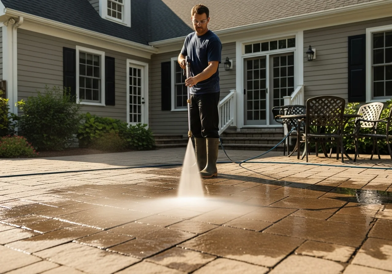 Professional technician pressure washing stone paver patio