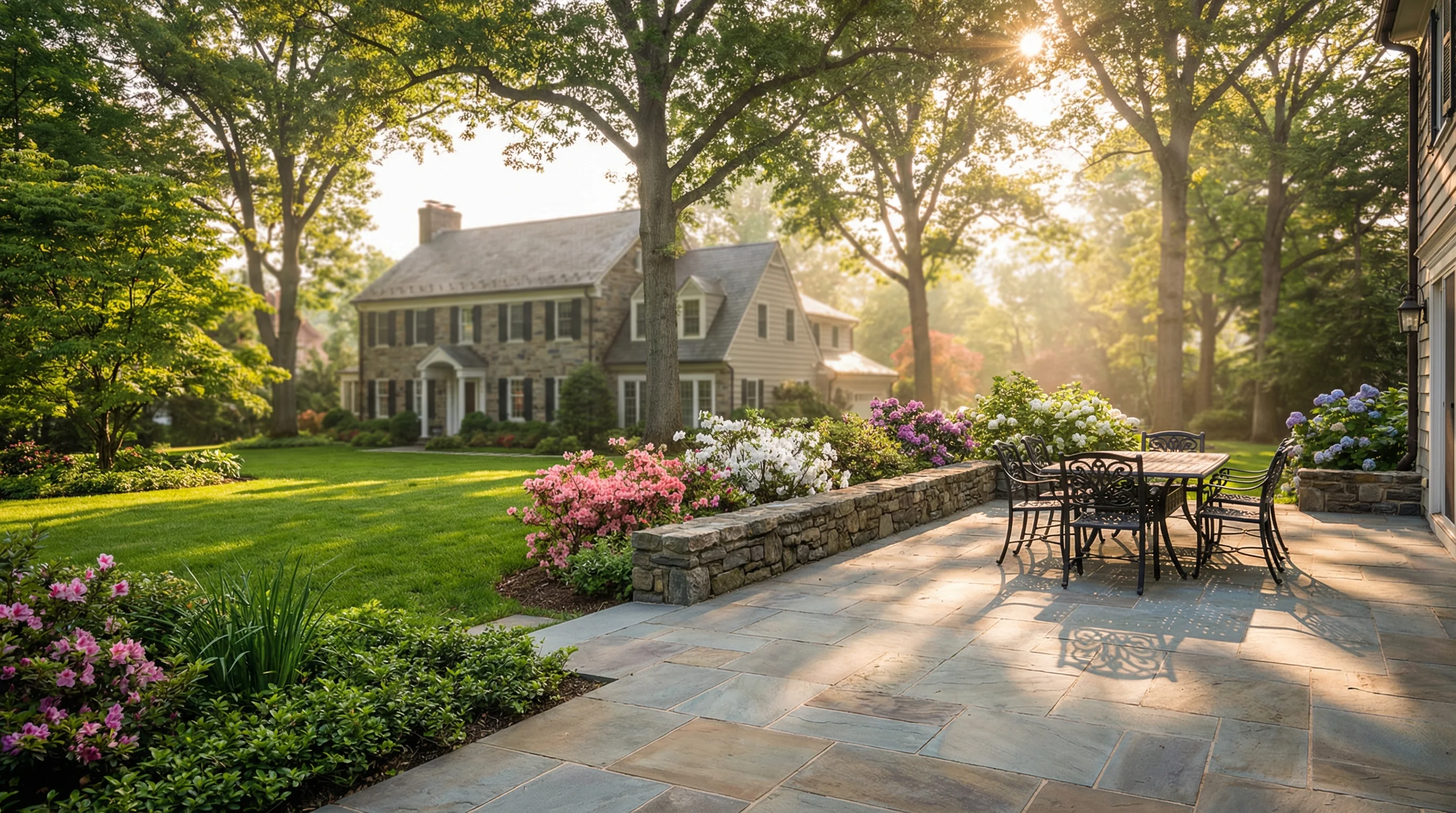 Clean bluestone patio with outdoor dining furniture behind a Philadelphia suburban home