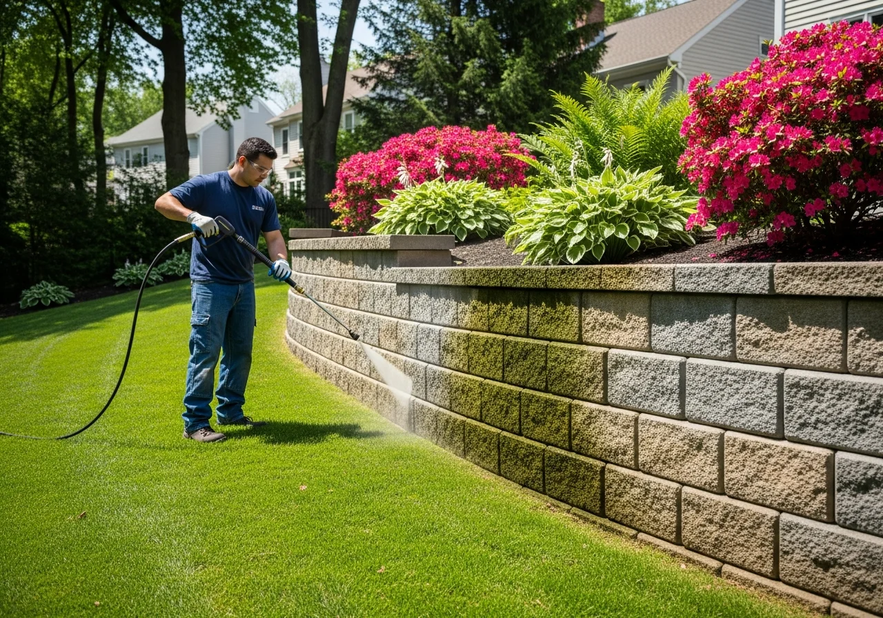 Professional technician pressure washing a stone retaining wall