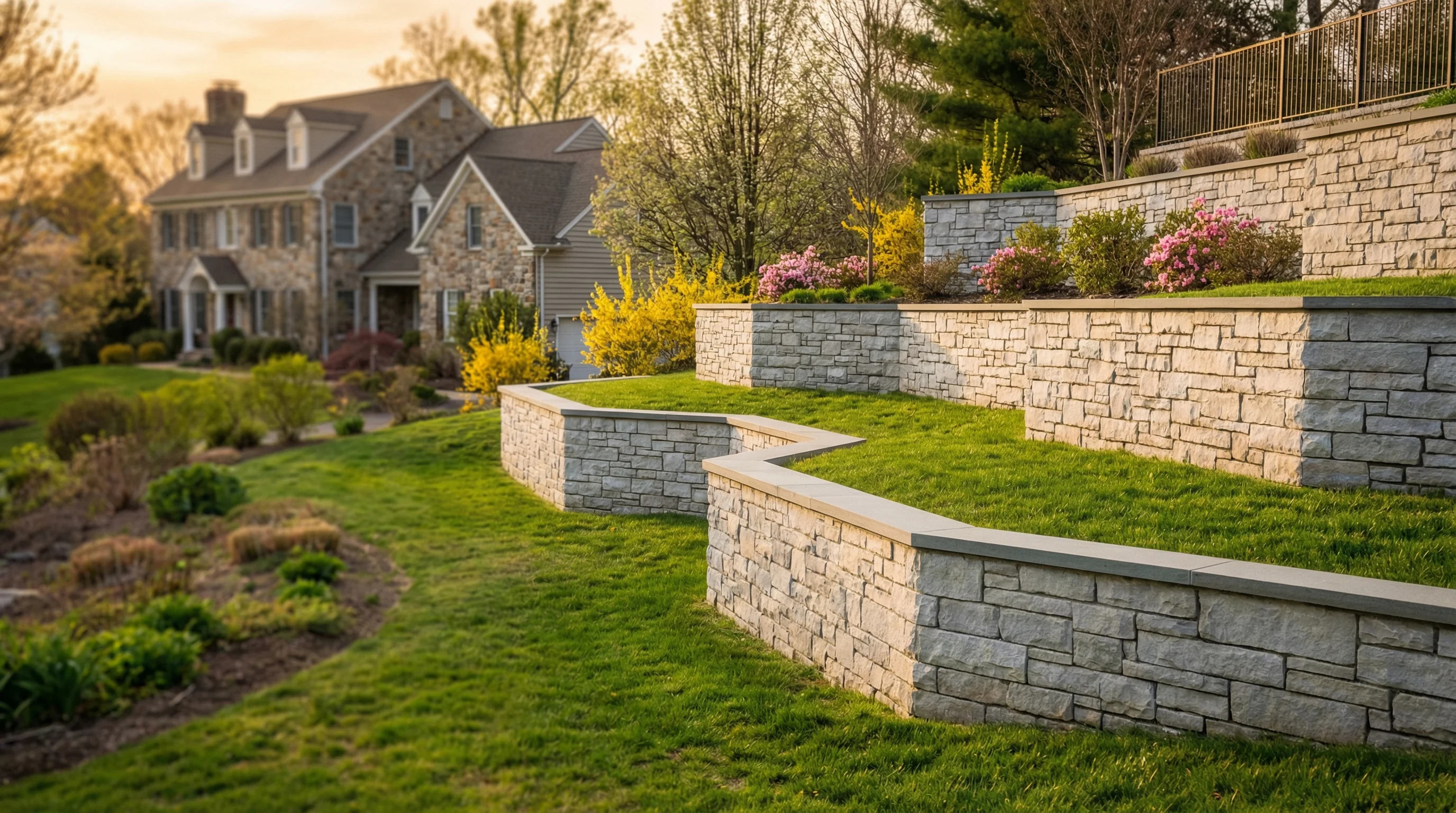 Multi-tiered stone retaining wall surrounded by spring landscaping in a suburban yard