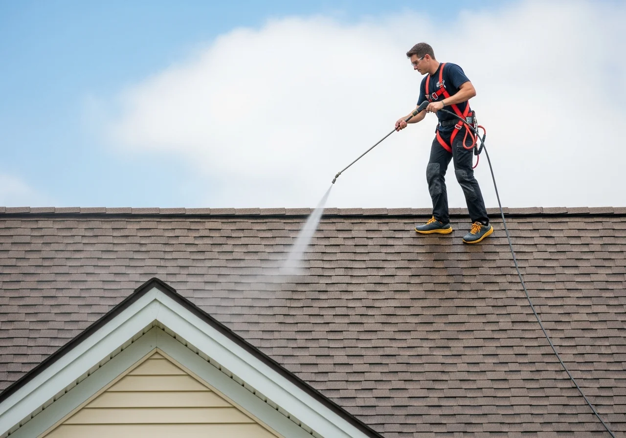 Professional technician applying soft wash treatment to roof shingles