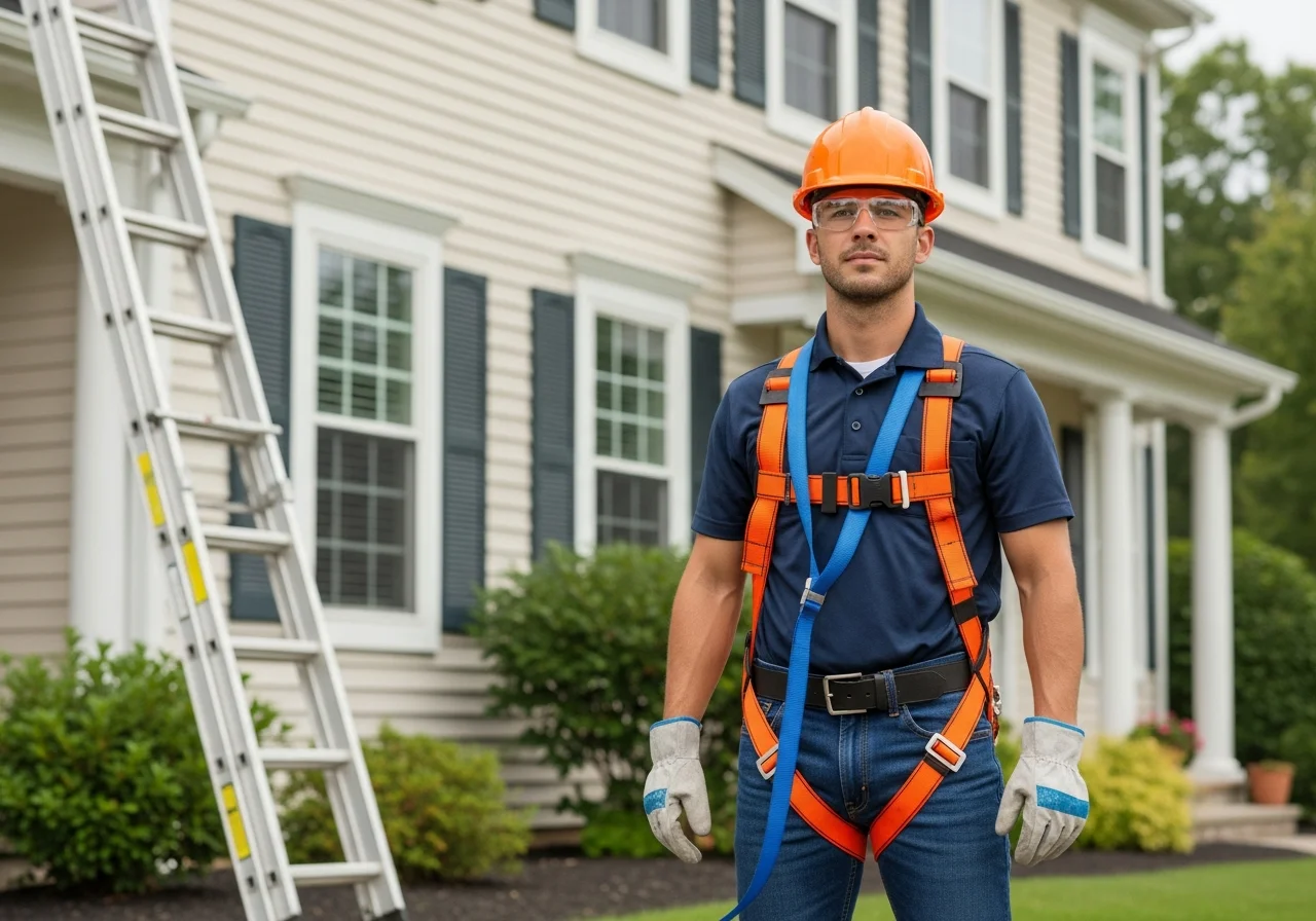Professional exterior cleaning crew with safety equipment