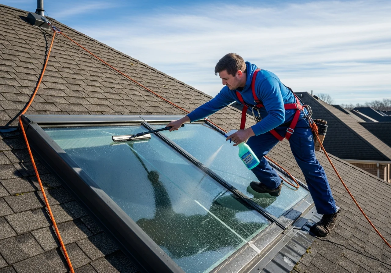 Professional technician with safety harness cleaning a skylight on a roof