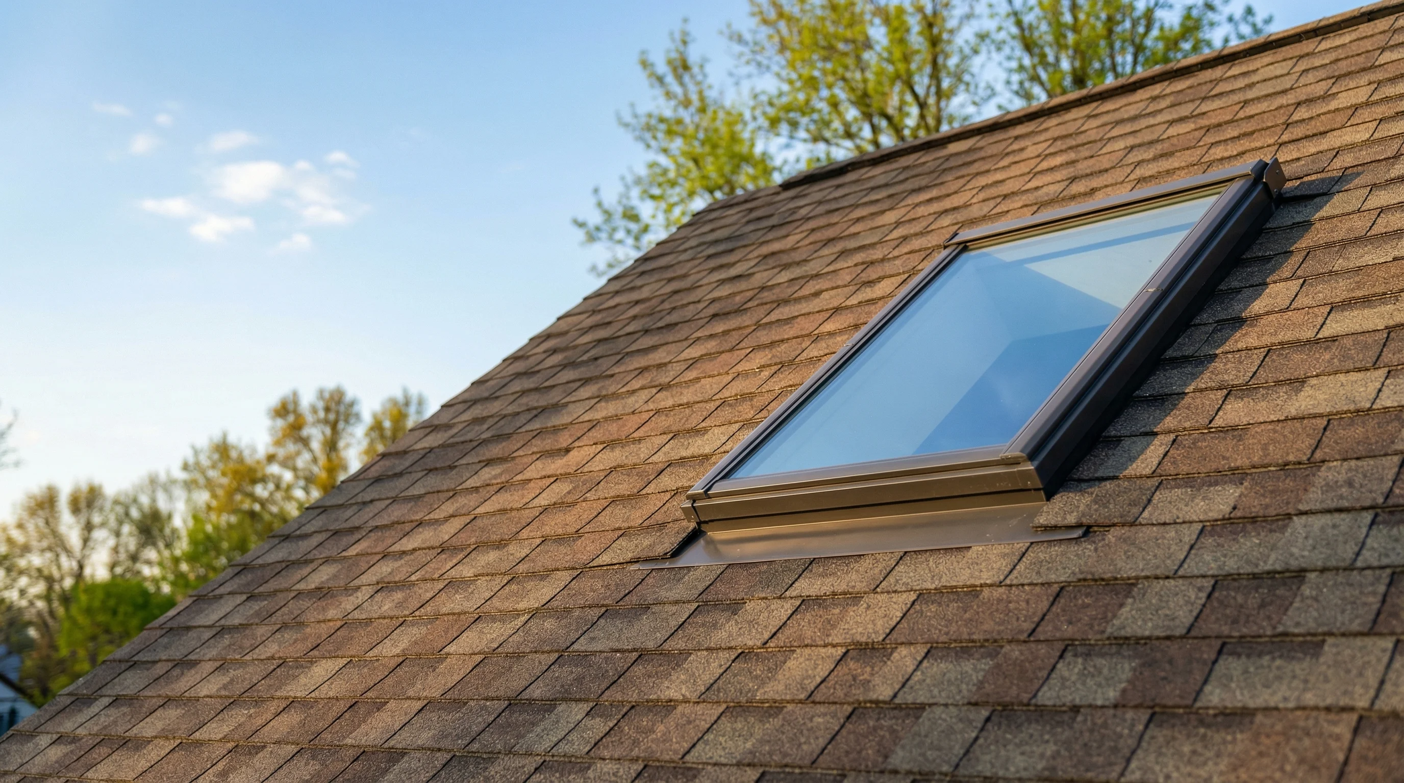 Clean residential skylight on a shingle roof with blue sky visible through the glass