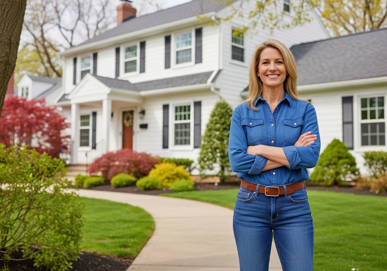 Satisfied homeowner in front of a beautifully maintained home