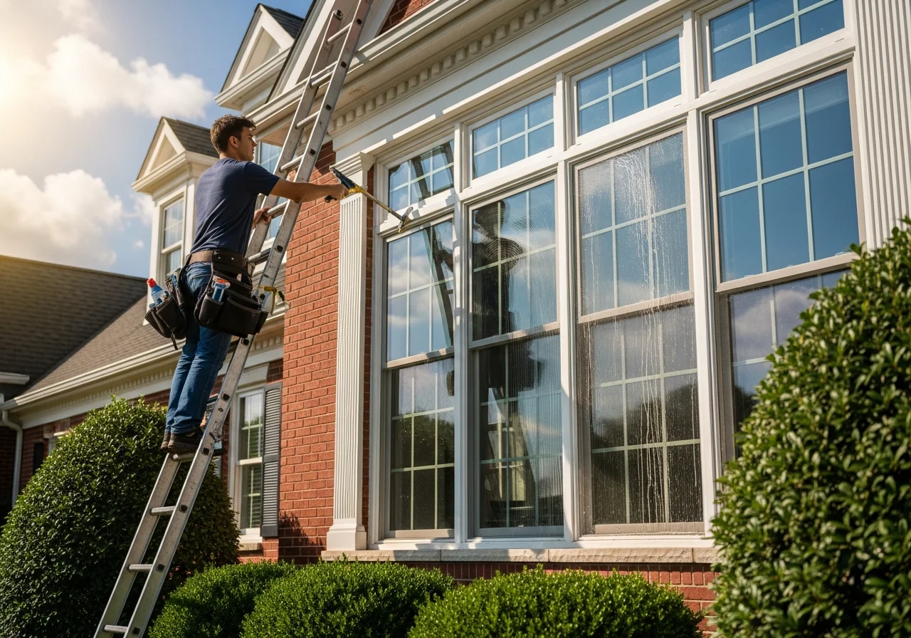 Professional window cleaner with squeegee on a ladder
