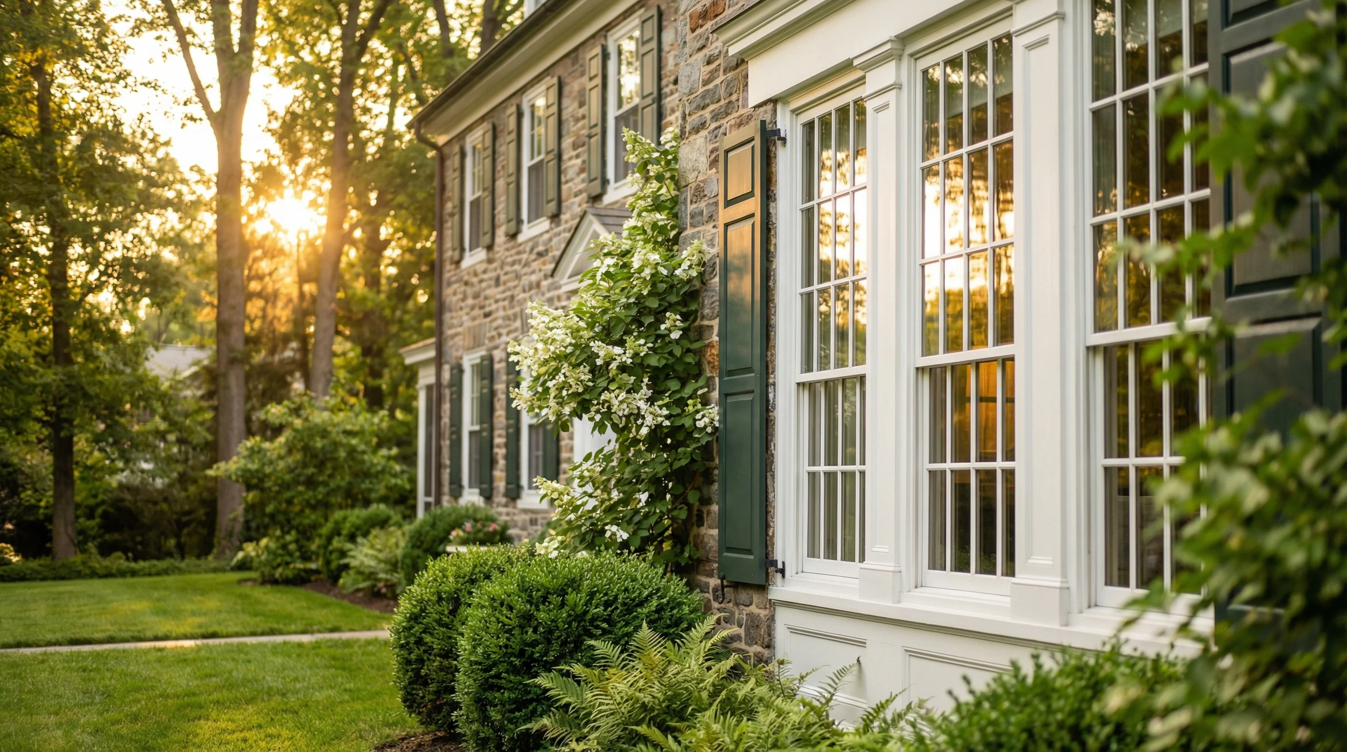 Colonial home windows reflecting golden light on a summer morning in the Philadelphia suburbs